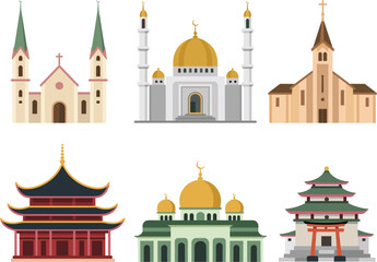Fototapeta premium Religious buildings collection, churches mosques temples and pagodas isolated architectural vector illustration design set icons