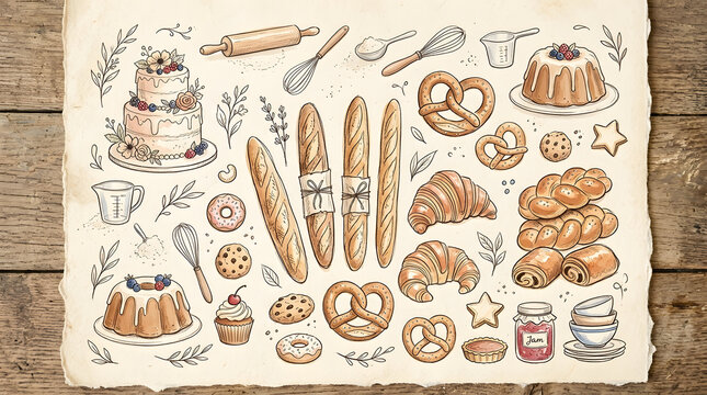 "Quirky doodle collection of bakery and pastries. Loose sketches of baguettes, croissants, pretzels, cakes, and kitchen tools in a warm rustic line art style."
