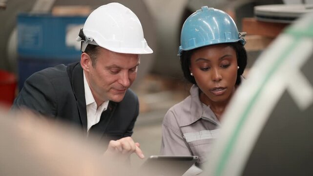 Business owner, female engineer discuss factory machinery, inspecting production systems, evaluating manufacturing performance, identifying technical challenges, planning operational improvements.