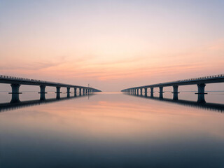 Obraz premium Two parallel bridges extend over calm reflective water, framed by a soft pastel sunset sky creating a tranquil symmetrical scene.