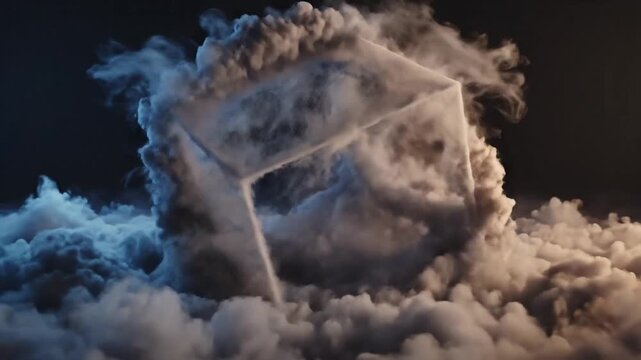 A glowing wireframe cube emerges from swirling, voluminous clouds with a dramatic light and shadow contrast.