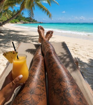 Woman relaxing on tropical beach with cocktail