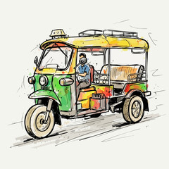 Naklejka premium Watercolor illustration of a traditional three-wheeled auto rickshaw taxi with three wheeler rickshaw transport watercolor illustration colorful artistic movement transportation passenger