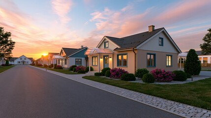 Fototapeta na wymiar Row of suburban homes with one property highlighted by translucent shelter at sunrise