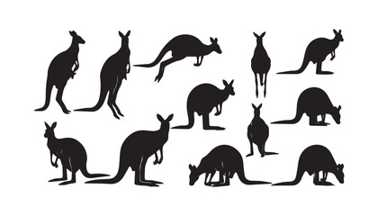 black and white silhouette set of kangaroo very high quality vector illustration. © dinesh