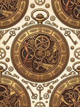 Seamless Steampunk pocket watch face cogs pattern, tileable repeating background for textile, fabric, wallpaper, wrapping paper, scrapbook and home decor design
