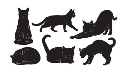 black and white silhouette set of cat very high quality vector illustration. © dinesh