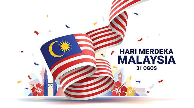 Malaysia Independence Day Hari Merdeka celebration banner featuring the Malaysian flag Jalur Gemilang with Kuala Lumpur skyline and hibiscus flowers