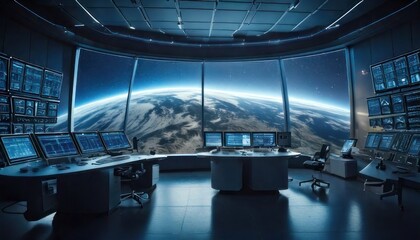 Fototapeta premium Futuristic control room with large screens.