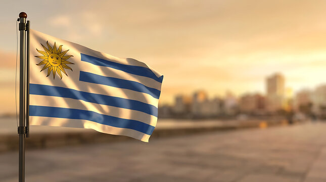 National Flag of Uruguay and Uruguayan Flag Waving in Montevideo at Sunset During Independence Day Celebrations
