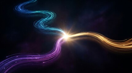 Obraz premium Abstract glowing light trails merging into a central point of unity with elegant purple and gold waves against a dark background for Women's Equality Day conceptual digital art
