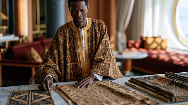 Malian bogolan artisan in mud cloth kaftan arranges geometric fabric samples across marble lobby table of upscale cruise ship interior, sunlight through porthole window casting
