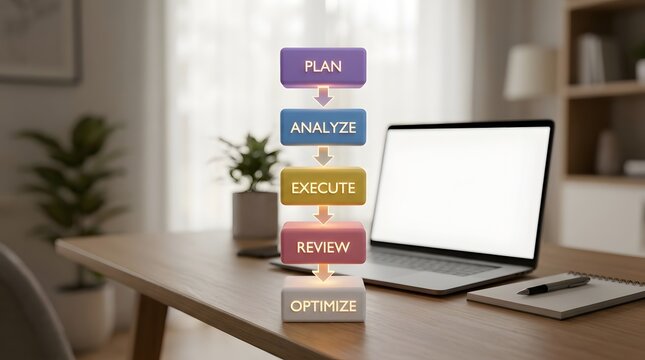 Digital business workflow with plan, analyze, strategy, review and optimize process stages