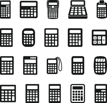 Set of various electronic calculator icons isolated on white background for business and finance design
