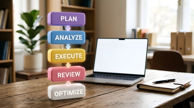 Digital business workflow with plan, analyze, strategy, review and optimize process stages