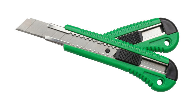Two green utility knives with sharp metal blades crossed on a white background