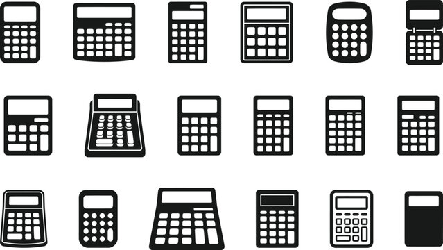 A collection of various calculator icons representing accounting finance mathematics and business calculation tools in black