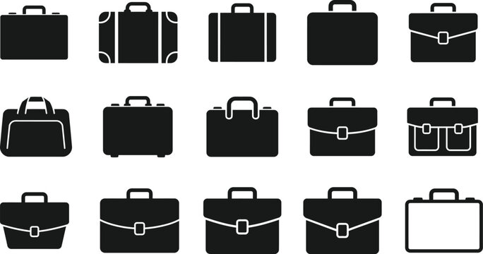 A collection of various business briefcase icons set in a simple black and white style