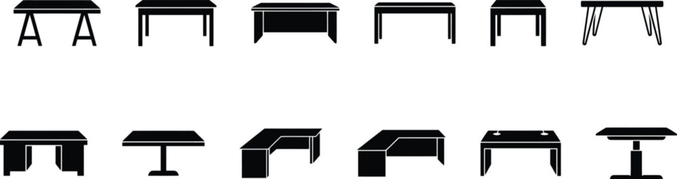 Set of various table and desk furniture icons in a simple black silhouette design style