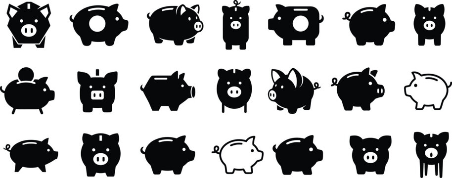 Collection of various piggy bank icons representing personal finance savings and investment concepts in black