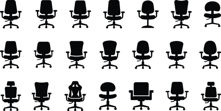 Collection of various office chair silhouettes isolated on a white background for interior design projects