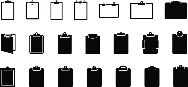 A collection of various clipboard icons and document holder silhouettes isolated on a white background
