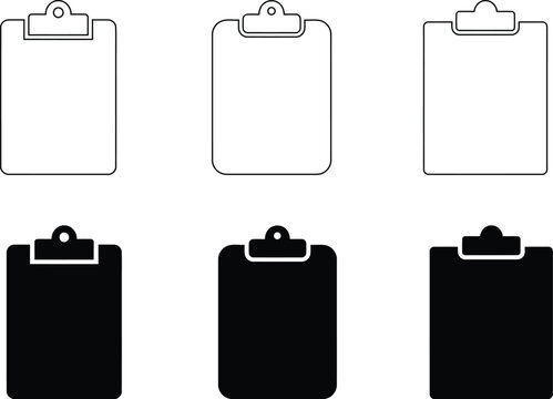 Set of clipboard icons featuring various outline and solid black designs for professional business document management