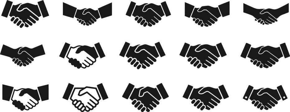 Set of fifteen different handshake icons representing business agreement partnership and professional cooperation in black style
