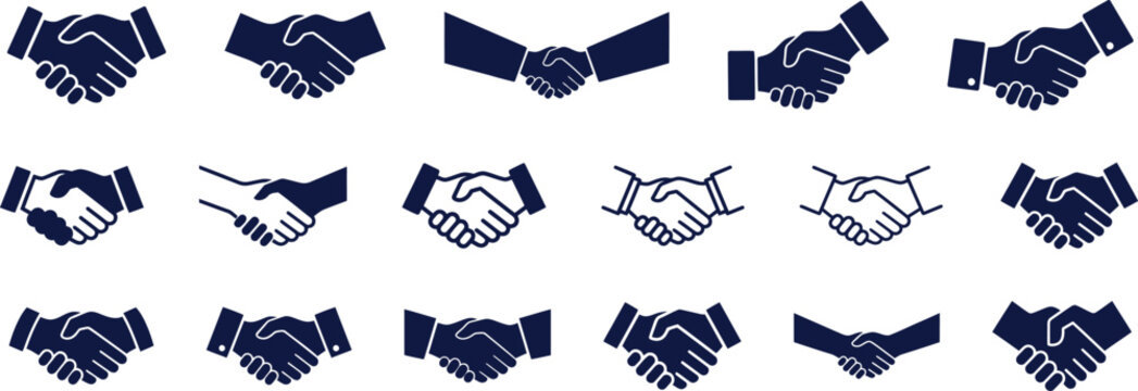 Collection of various handshake icons representing business partnership agreement and professional cooperation in different styles