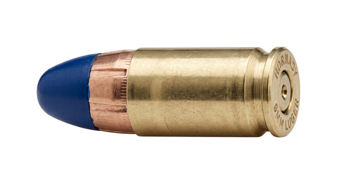 Close-up studio shot of a 9mm Luger bullet with a blue polymer tip and brass casing