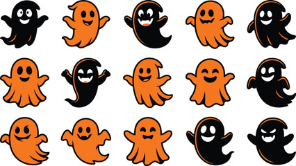 Fototapeta premium Set of cute black and orange cartoon ghosts for halloween party decorations and festive seasonal graphic design projects