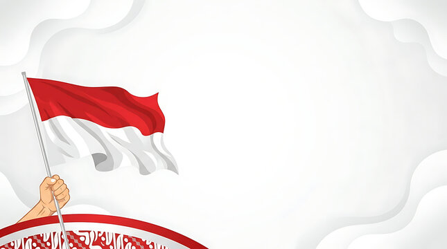 Hand holding flag Patriotic Indonesian flag held by hand celebrating independence day with traditional batik pattern background in red and white