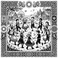 Fototapeta premium Children Dancing in Circle, Folk Village Scene, Black and White Illustration