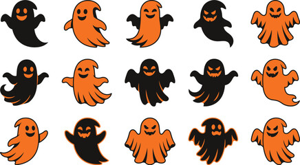 Fototapeta premium Set of cute cartoon ghosts in orange and black colors for halloween party decorations and festive holiday graphic design