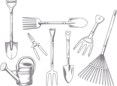 Colecci&oacute;n dibujada a mano de herramientas de jardiner&iacute;a esenciales que incluye palas, rastrillos, tijeras de podar y una regadera