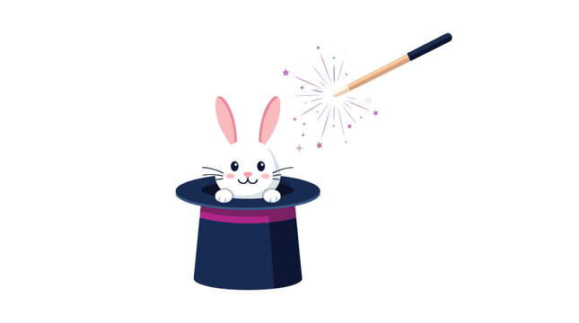 Cute white rabbit popping out of a dark blue magic top hat with a sparkling wand in this vector illustration