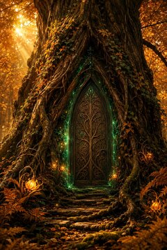 Vertical Cinematic fantasy digital art of a glowing emerald elven door carved into a gnarled ancient tree trunk in a sunlit autumnal forest with enchanted lanterns, a portal to a hidden world and fair