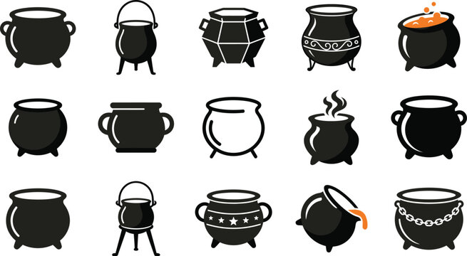 Set of various black witch cauldrons for halloween decorations isolated on white background for design and graphic projects