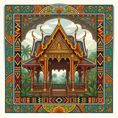 Fototapeta premium Ornate Thai Pavilion in Lush Tropical Landscape, Intricate Border