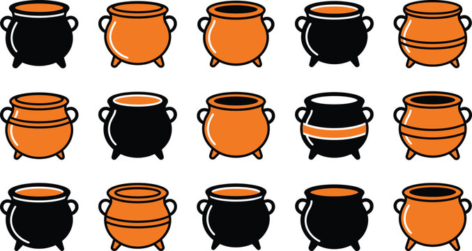Set of black and orange cauldron icons for halloween design projects featuring various witch pots and magic cooking vessels