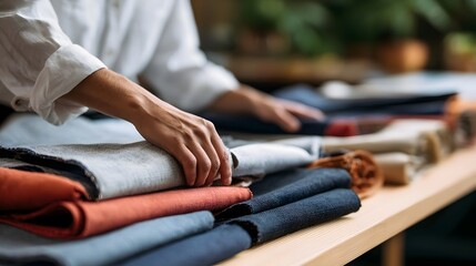 Fototapeta premium A person s hands carefully selecting folded fabric swatches on a wooden table in a softly lit indoor setting