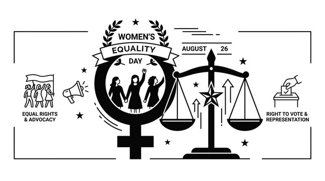 Women Equality Day Illustration with Scales of Justice and Voting Symbol