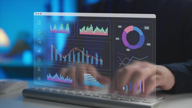 Analyzing business performance dashboard and financial data chart metrics on a system interface while typing on a keyboard. Concept of data analytics, growth progress, and report visualization.