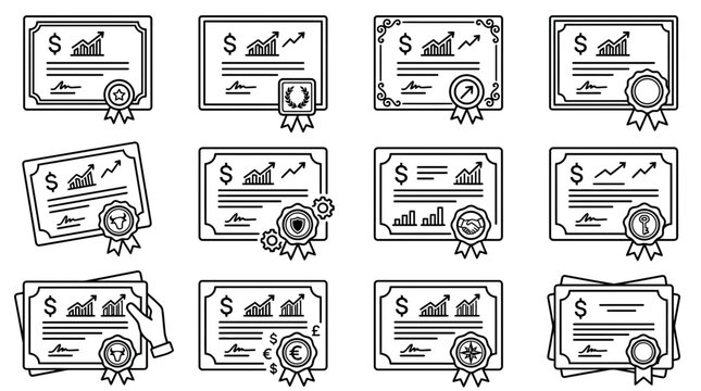 Set of Financial Investment Certificates and Business Award Line Icons