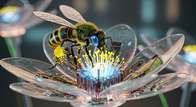 Futuristic robotic bee pollinating a transparent glowing cybernetic flower in a digital garden