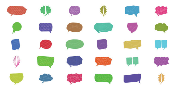 Collection of colorful speech bubbles and thought clouds in various hand drawn doodle styles for graphic design projects