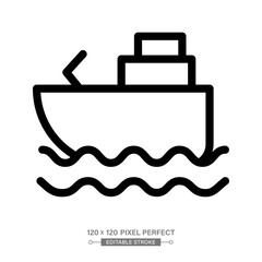 Obraz premium Boat Icon - Ship on Water Waves Vector Line Illustration