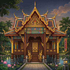 Fototapeta premium Ornate Thai Temple Pavilion Over Lotus Pond at Dusk, Intricate Architecture, Tropical Ambiance