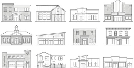 Obraz premium Commercial Building Facade Elevation Outline Vector Collection for Architectural Design Projects