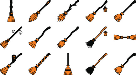 Set of various witch broomstick illustrations for halloween decorations and magic themed graphic design projects on white background © Anisa
